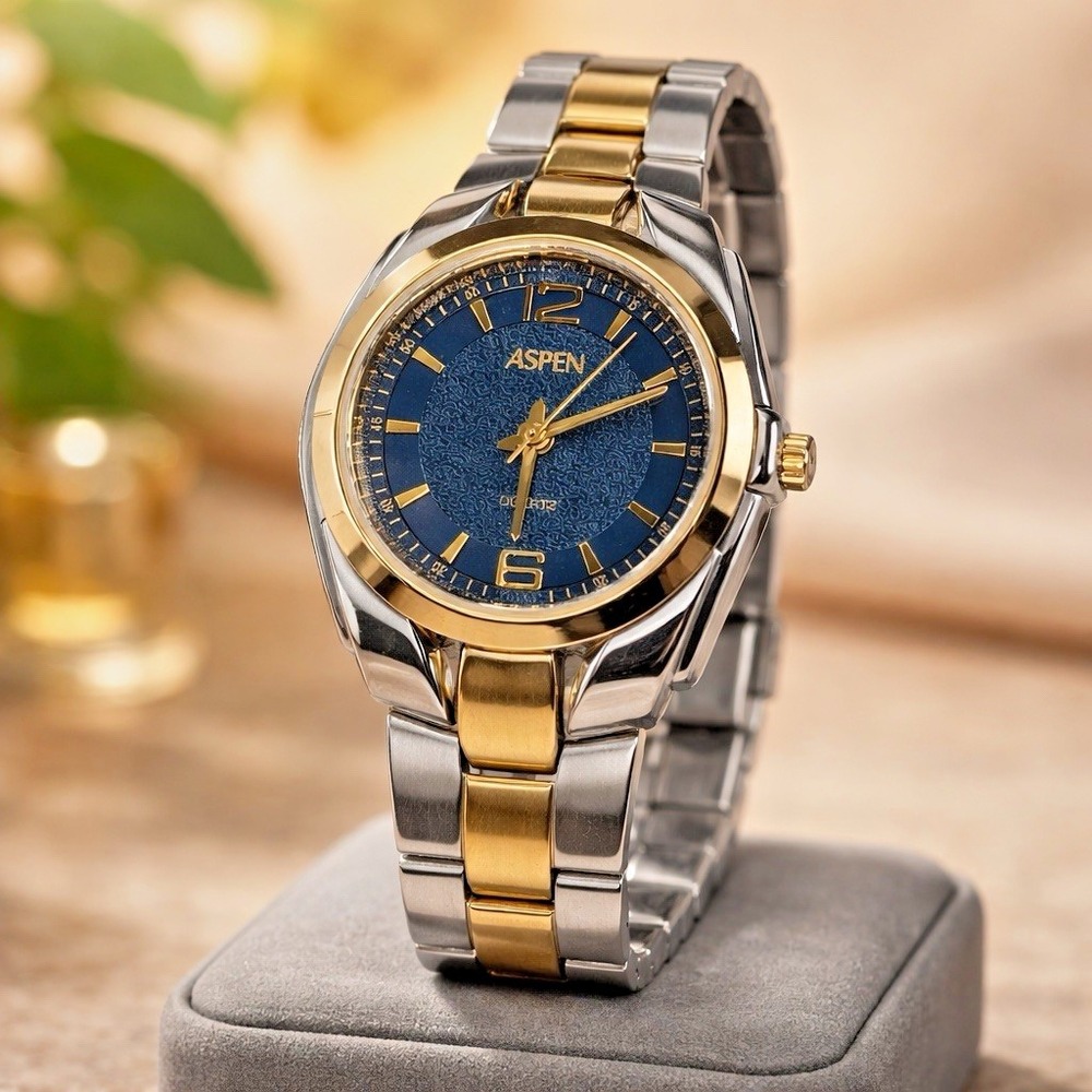 Aspen Two Tone Stainless Steel Quartz Watch Blue Dial Japan Movt Not Tested‎